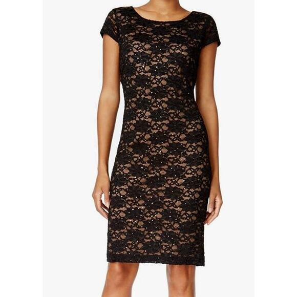 Connected Apparel 10 Black Illusion Lace Nude Cowl Back Sheath Cocktail Dress - Picture 11 of 11